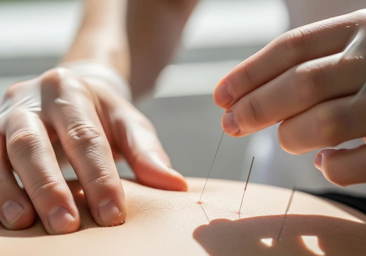 Clinician placing thin dry-needling needles into a patient's muscle during treatment