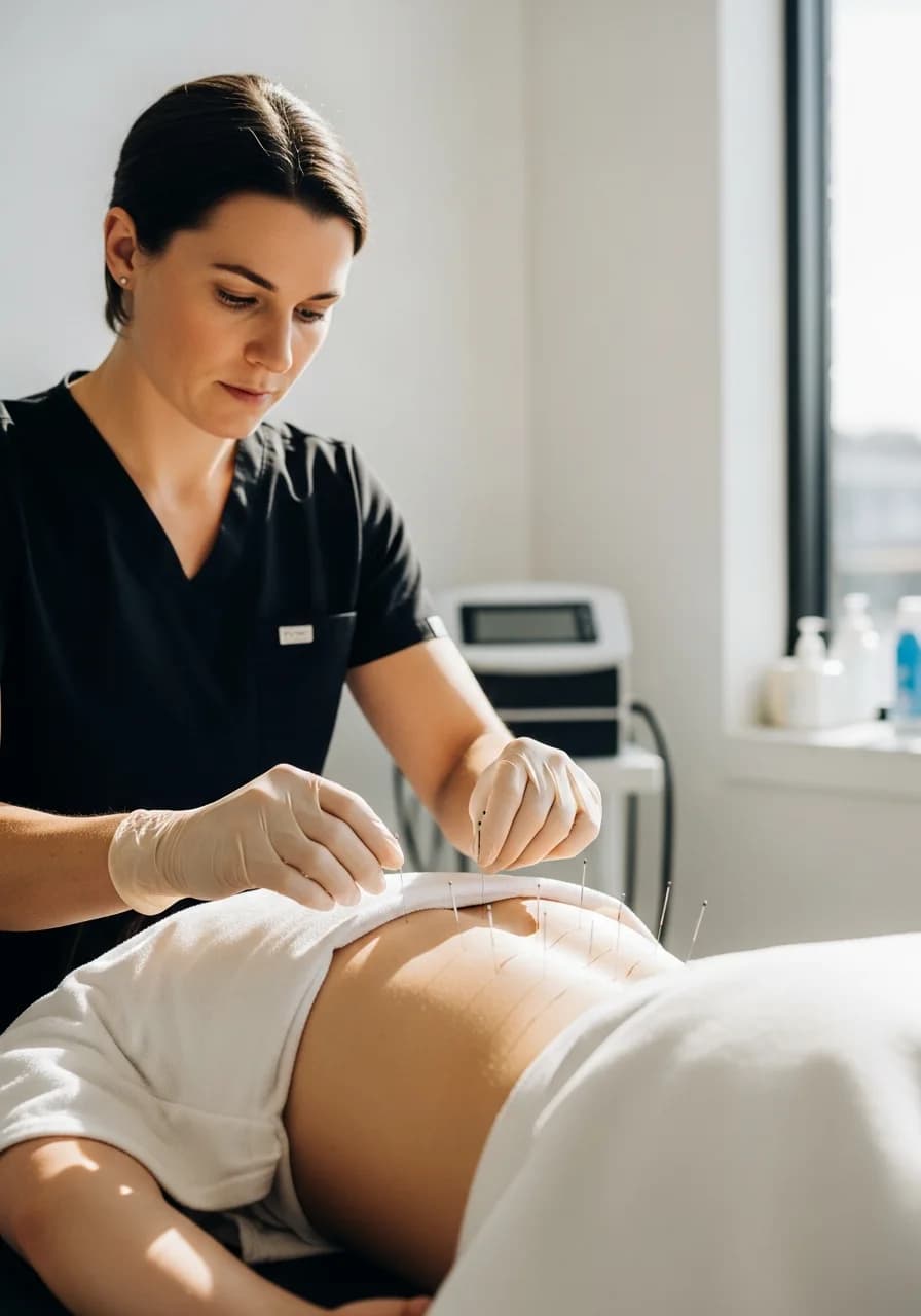 Clinician performing dry needling with several thin needles placed into the muscle