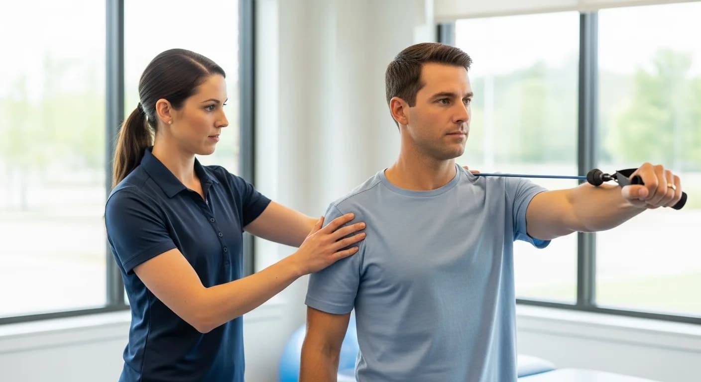 Doctor of physical therapy guiding an active adult through a rehab exercise in a bright Malvern, PA clinic