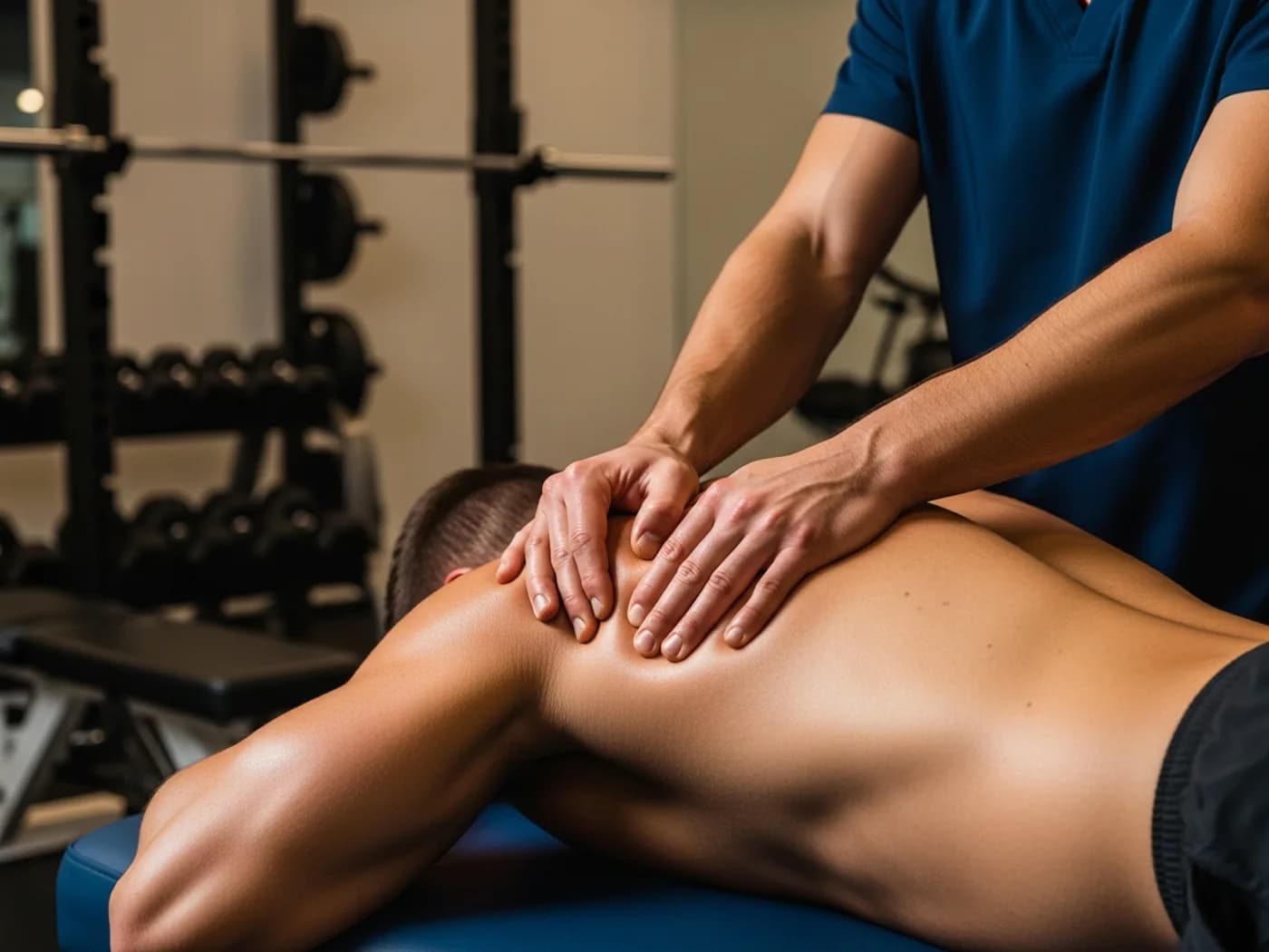 Deep-tissue body work in progress in a calm, naturally lit treatment room at MYOLAB Malvern PA