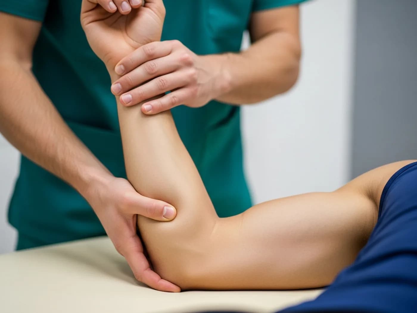 Clinician performing hands-on soft-tissue manual therapy on a patient
