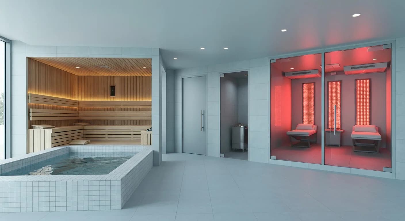 Cold plunge and sauna in a clean, cool contrast space at the MYOLAB recovery center in Malvern, PA