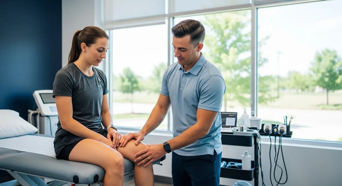 Clinician assessing an active adult's injury at the source in a Malvern, PA clinic