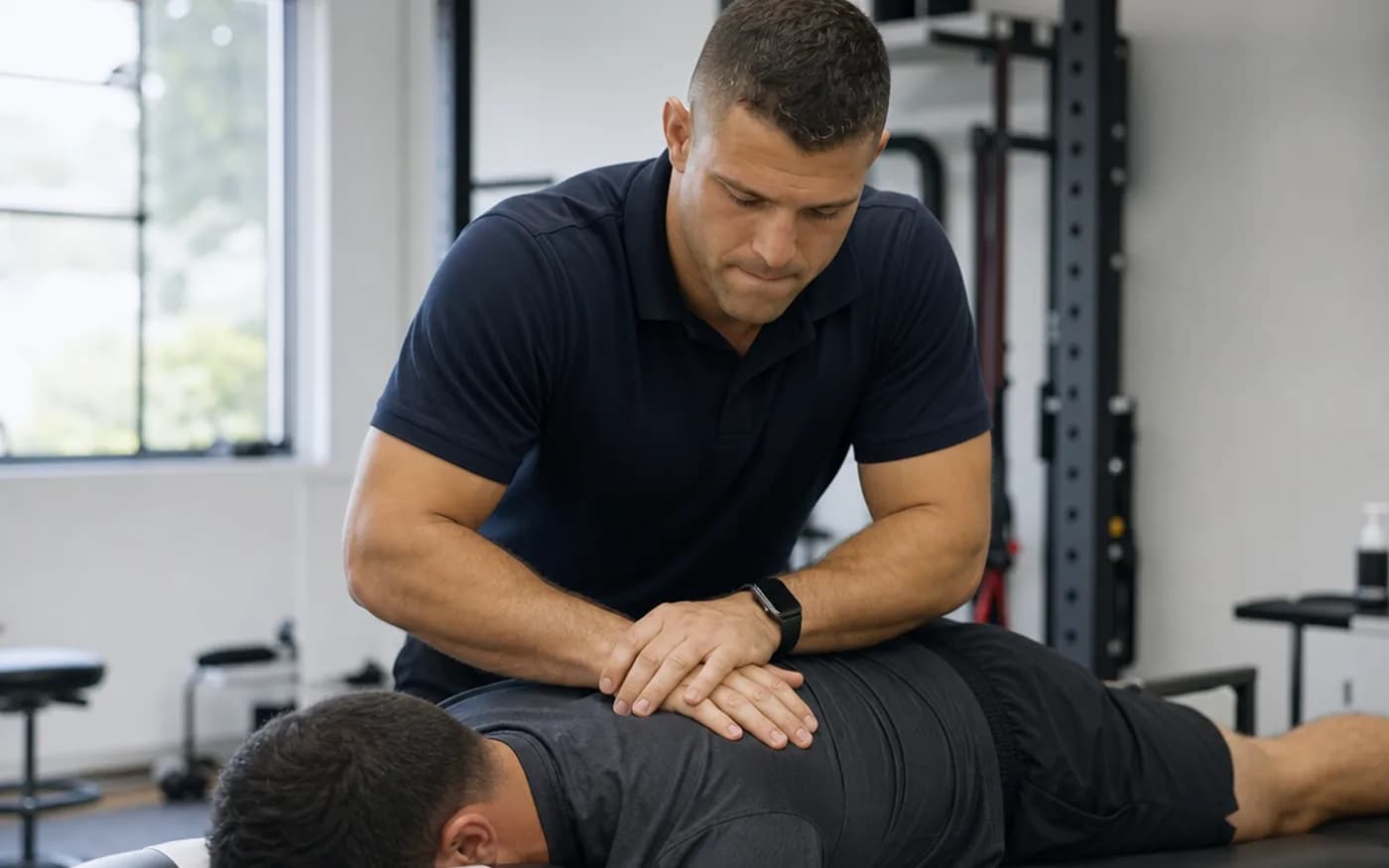 Dr. Anthony Petrucci performing a hands-on spinal adjustment on an athlete in a bright MYOLAB-style clinic