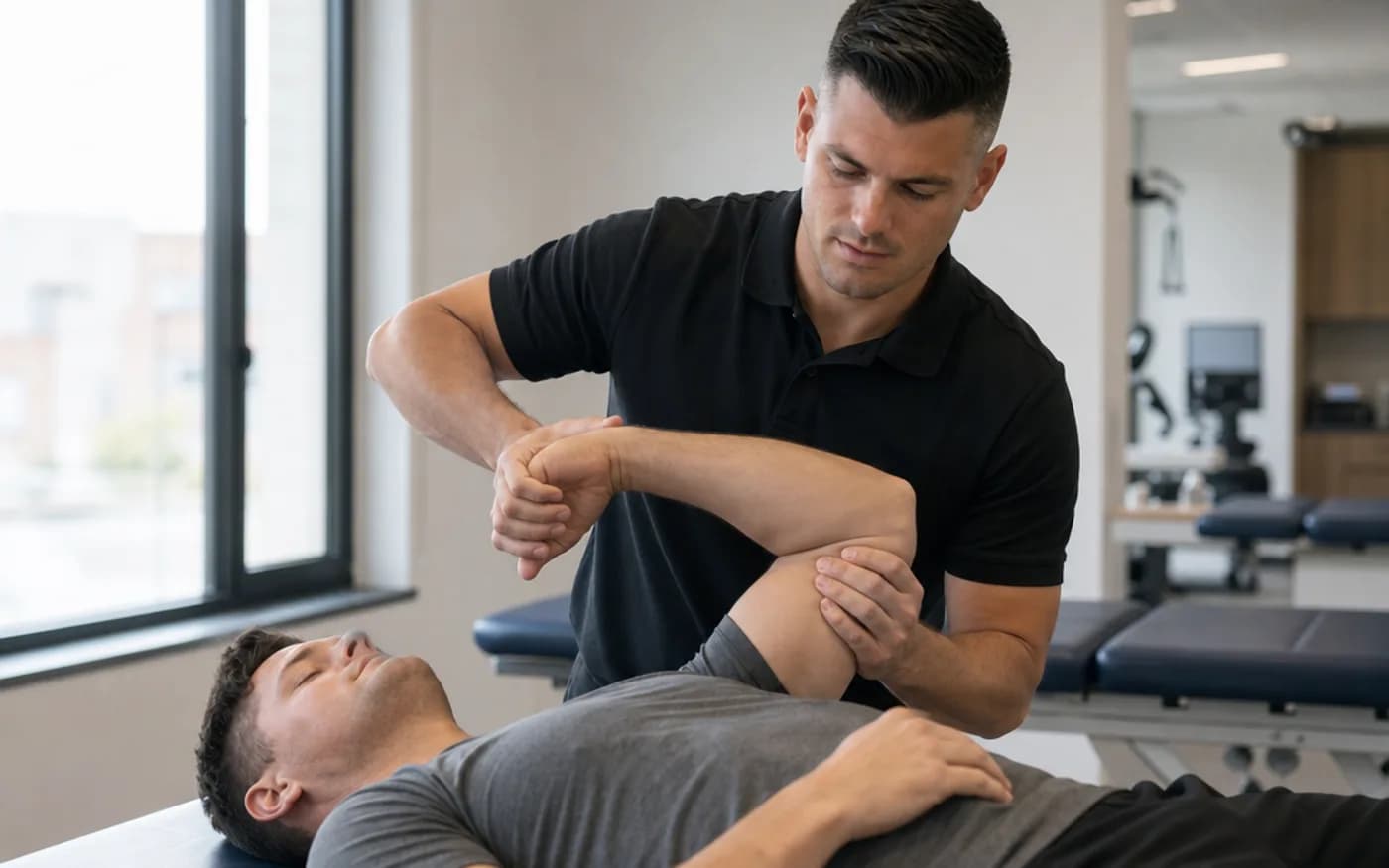 Dr. Lucas Hiller performing hands-on shoulder mobilization on an athlete in a bright MYOLAB-style clinic