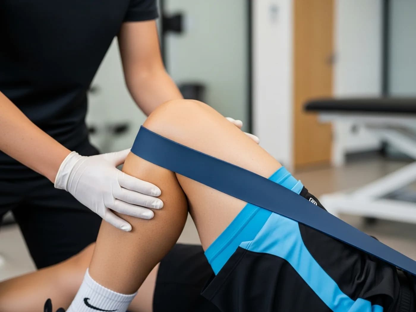 Clinician guiding a patient through hip strengthening in a treatment session