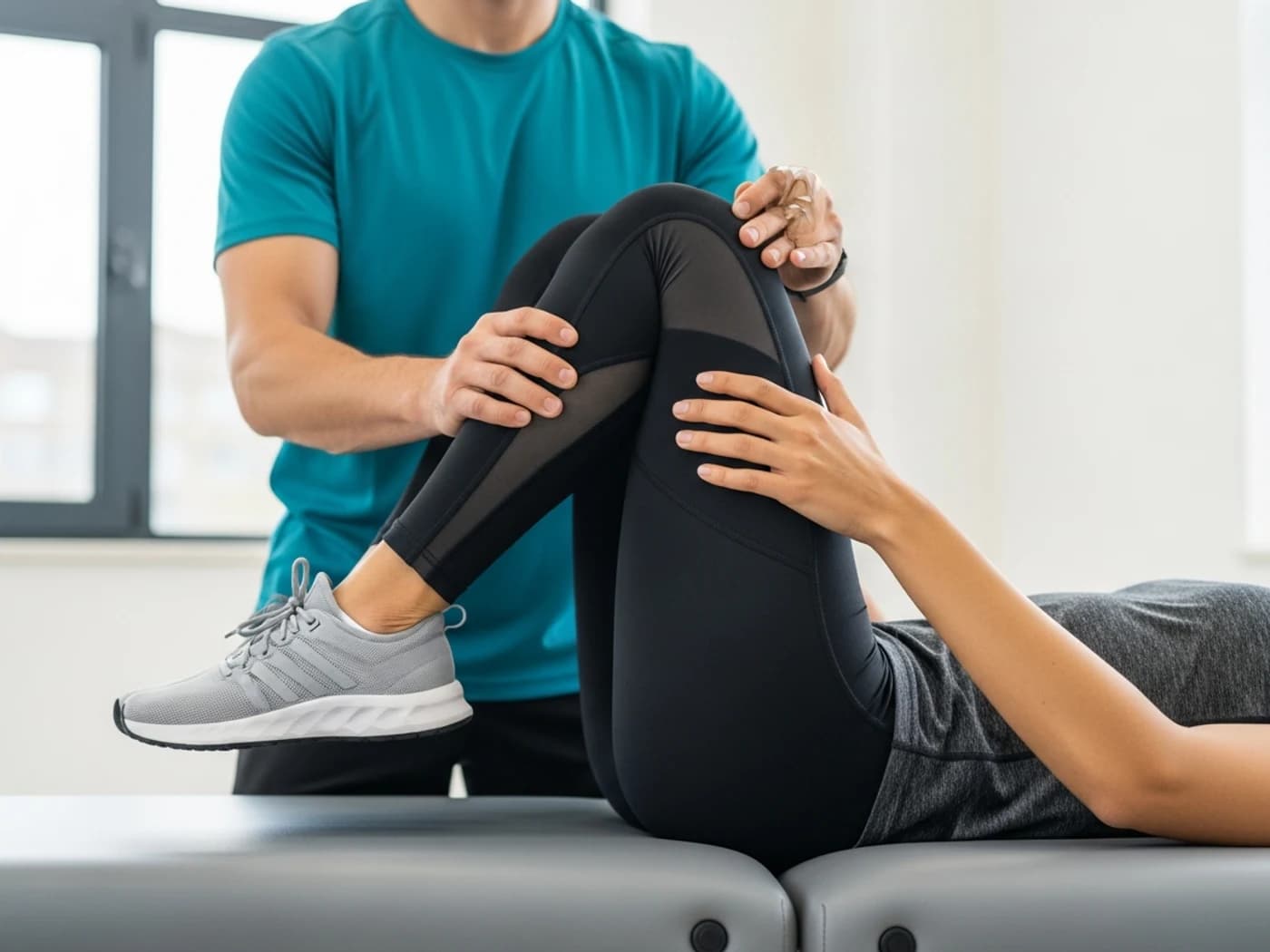 Clinician assessing an active adult's hip in a Malvern, PA clinic