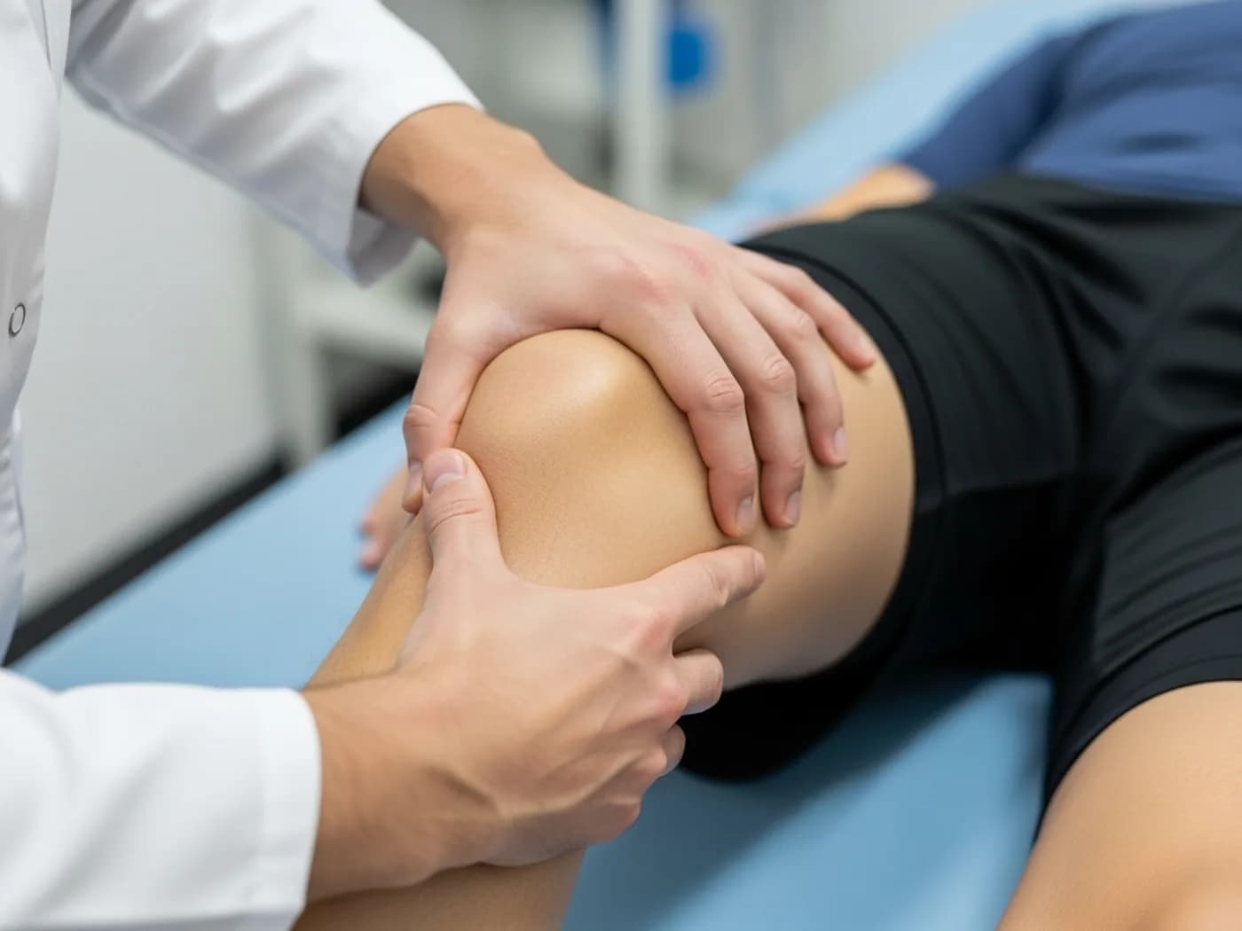 Clinician guiding a patient through knee strengthening in a treatment session