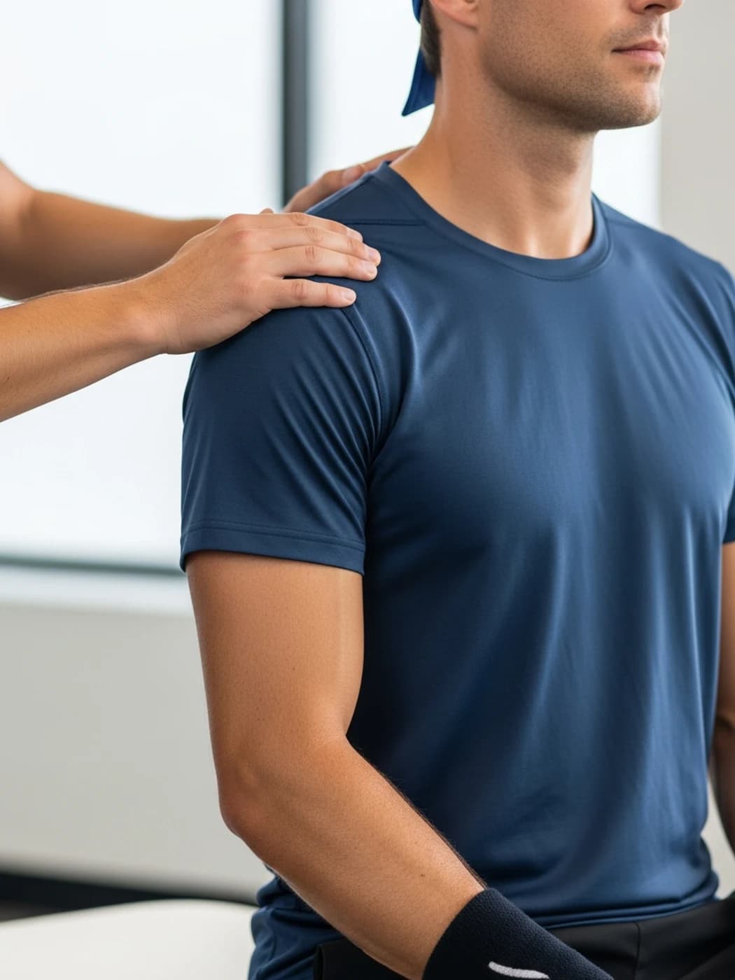 Clinician assessing an athlete's joint mobility during a court-sport injury evaluation